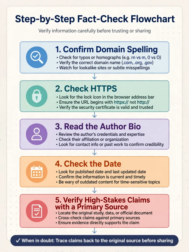 Step-by-step flowchart for checking an article on TheAliteKeepSafe.com before trusting it
