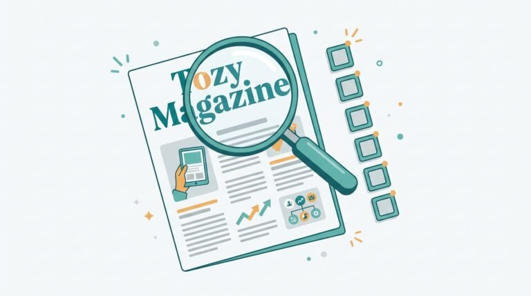Magazine cover with a magnifying glass and a seven-item checklist for reviewing tozymagazine.com.