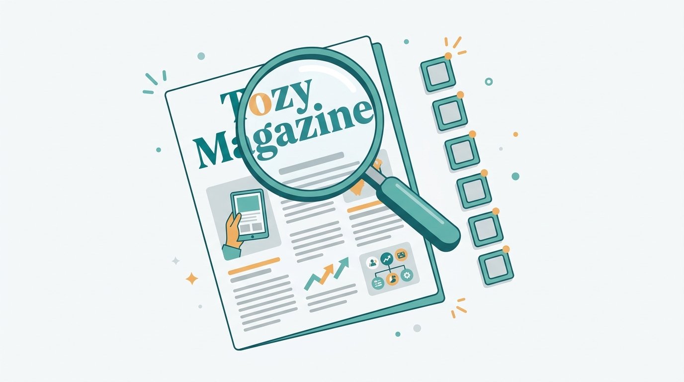 Magazine cover with a magnifying glass and a seven-item checklist for reviewing tozymagazine.com.