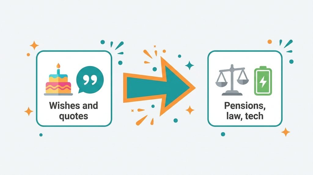 Two-sided diagram showing tozymagazine.com topics shifting from wishes and quotes to pensions and law.